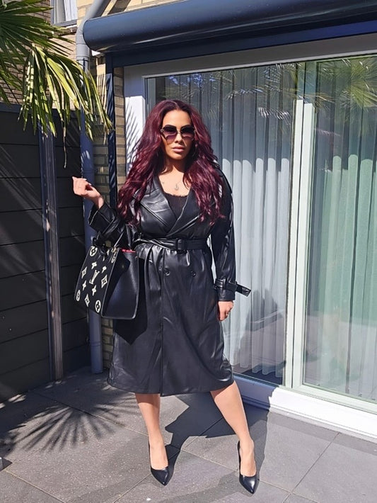 Lange Leather Look Jas met Schuifriem